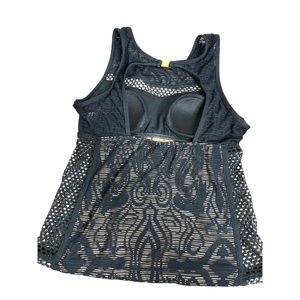 LUXE By Lisa Vogel Black Overlay Tankini Size 4 Beach Resort Summer Vacation